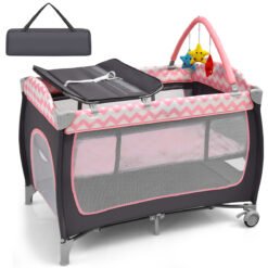 3 in 1 Baby Playard Portable Infant Nursery Center with Toy Bar-Light Pink