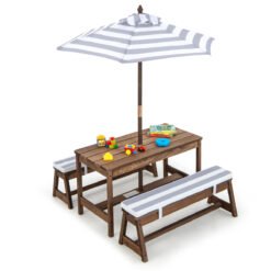 Kids Picnic Table with Cushions and Umbrella-Grey