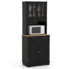 Tall Kitchen Pantry Cabinet with Wood Countertop and Adjustable Shelves-Black
