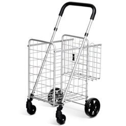 Folding Height Adjustable Shopping Trolley with Handle and Wheels-Silver