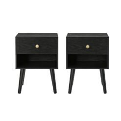Nightstands Set of 2, Storage Drawer and Open Shelf Bedside Tables, Solid Wood Legs