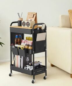 3-Tier Storage Trolley, Rolling Utility Cart with Table Top, 2 Removable Hanging Cups