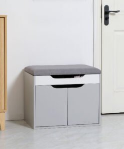 HOMCOM Shoe Bench with Cushion, Modern Storage Bench with Padded Seat, 2-tier Cabinet, Hidden Storage, Adjustable Shelf for Living Room and Entryway, Light Grey