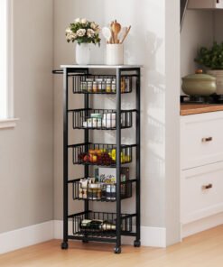 HOMCOM Five Basket Mobile Kitchen Island, with Brakes - Grey/Black