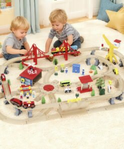 AIYAPLAY 133-Piece Wooden Train Set, Toy Train with Crane, Storage Box, for Kids Ages 3+