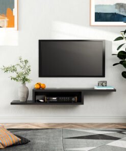 HOMCOM Floating TV Unit, Wall Mounted TV Stand with Open Shelf and 2 Cable Holes, Entertainment Unit for Living Room, Black