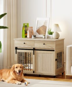 PawHut Dog Crate Furniture on Wheels, Dog Cage with 2 Drawers, Sliding Door, for Medium Large Dogs, Oak Tone