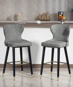 HOMCOM Bar Stools Set of 2, PU Leather Barstools with Back, Footrest and Wood Legs for Kitchen, Counter, Breakfast Bar, Grey