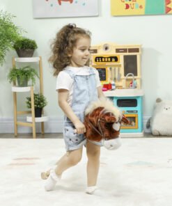 AIYAPLAY Stick Horse with Wood Wheels, Real Pony Neighing and Galloping Sounds, Grip Handle, 95 cm, Brown