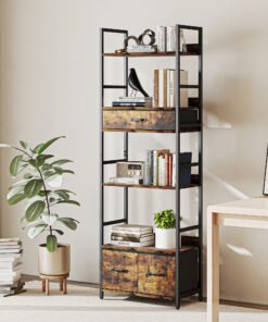HOMCOM Industrial Style Bookcase, with 4 Shelves and 3 Fabric Drawers - Brown/Black