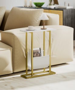 HOMCOM Narrow Side Table, End Table with Magazine Holder, Nightstand for Small Spaces, Living Room, Bedroom, White Marble Grain