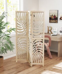 HOMCOM 3 Panel Room Divider, Detachable Folding Privacy Screens with Palm Leaf Design for Home Office, Natural Wood Finish