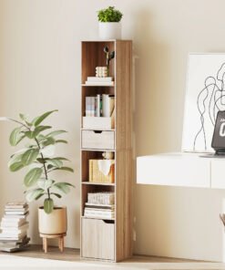 HOMCOM 6-Tier Bookcase, Tall Narrow Bookshelf with Drawer and Door - Natural Wood Finish