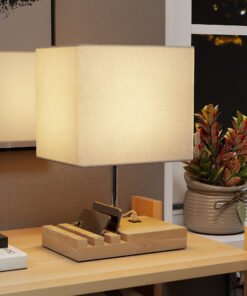HOMCOM Bedside Lamp with USB A+C Charging Ports and 3 Phone Stands, Modern Table Lamp with Solid Wood Base and Fabric Shade for Bedroom Living Room Office, E27 Socket, Bulb Not Included, White