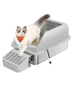 Stainless steel cat litter box with high sides and step