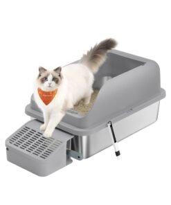 Stainless steel cat litter box with high sides and step