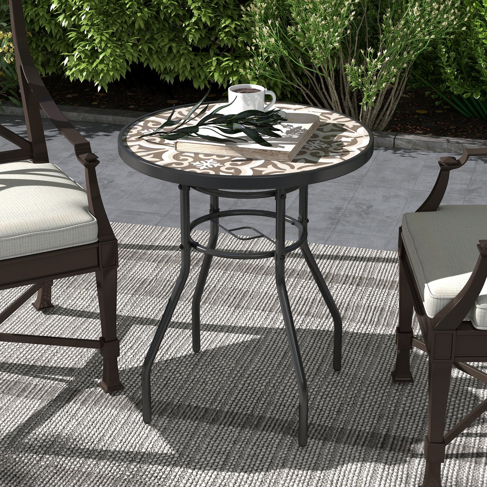 Outsunny ?60 Garden Table, with Glass Printed Tabletop - Brown