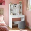 Vanity Table with Mirror, Adjustable Shelves, 2 Drawers, Modern Makeup Desk, Dressing Table with LED Lights, White
