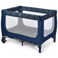 2-in-1 Foldable Baby Playpen with Lockable Wheels and Mattress-Blue