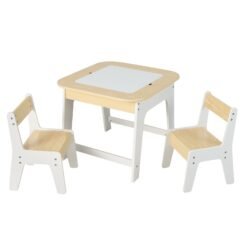 Kids Table and Chairs Set with Double-Sided Tabletop and Hidden Storage-Natural