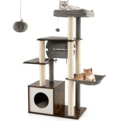 127cm Wood Cat Tree with Hammock and Swing Tunnel-Grey