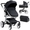 2 in 1 Foldable Baby Stroller with Rain Cover and Mosquito Net-Black