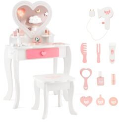Kids Vanity Table and Stool with Removable Mirror and Drawer-White