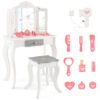 Kids Vanity Table and Stool with Detachable Tri-Fold Mirror and Cute Accessories-White