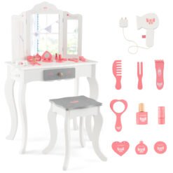 Kids Vanity Table and Stool with Detachable Tri-Fold Mirror and Cute Accessories-White