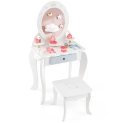 Kids Vanity Table and Stool with Mirror and 3 Shelves-White