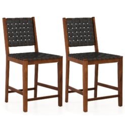 Woven Bar Stools Set of 2 with Faux PU Leather Straps-Black & Brown