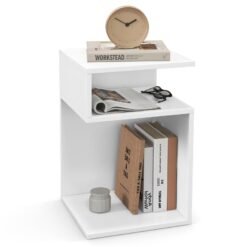 S-Shaped Side Table with 2 Open Compartments for Small Space-White