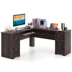 L-Shaped Corner Computer Desk with Drawers and Keyboard Tray-Dark Brown