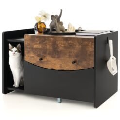 Cat Litter Box Enclosure with Pull-out Drawer, Rolling Caster and Flip Door-Black & Brown