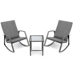 PE Rattan Rocking Chairs with Tempered Glass Side Table-Grey