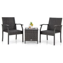 3 Piece Patio Wicker Chair Set with Cushioned Seat