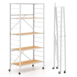 5-Tier Foldable Shelving Unit Metal Shelves with Detachable Wheels-Natural