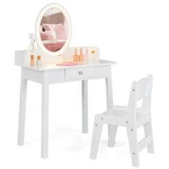 Kids Vanity Set Makeup Beauty Dressing Table and Chair with Lighted Mirror-White