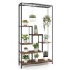 6-tier Tall Plant Stand with 10 Hanging Hooks and Wire Shelf for Multiple Plants-Rustic Brown