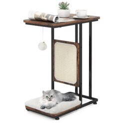 Cat Tree and End Table with Scratching Board and Cushion-Rustic Brown