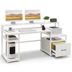 168 CM Home Office Computer Desk Modern Writing Desk with Monitor Stand-White