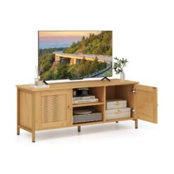Boho TV Stand Media Console Table with 2 Cabinets and Open Shelf-Natural