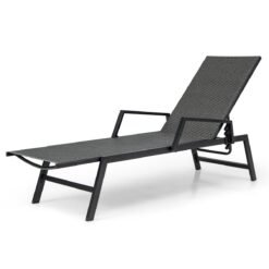 Outdoor Rattan Chaise Lounge with Armrests and 5-Position Backrest for Porch, Backyard-Brown
