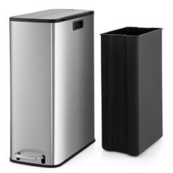 46L Stainless Steel Trash Can with Soft-Closing Wing Lids and Removable Inner Bucket-Silver