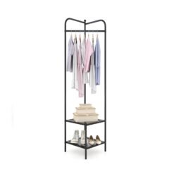 Corner Coat Rack with Shelves and Top Hanger-Black