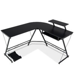 L-Shaped Computer Desk with Movable Host Stand and Removable Monitor Shelf-Black