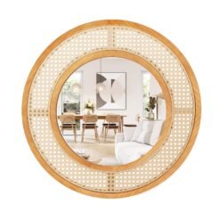 Rattan Round Wall Mirror with Aluminum Glass and Metal Hook -Natural