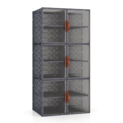 6 Pack 12-Grids Plastic Stackable Shoe Storage Boxes with Clear Magnetic Doors-Grey