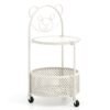 2-Tier Mobile Glass Coffee Table with Bear Pattern and Storage Basket-White