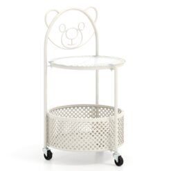 2-Tier Mobile Glass Coffee Table with Bear Pattern and Storage Basket-White
